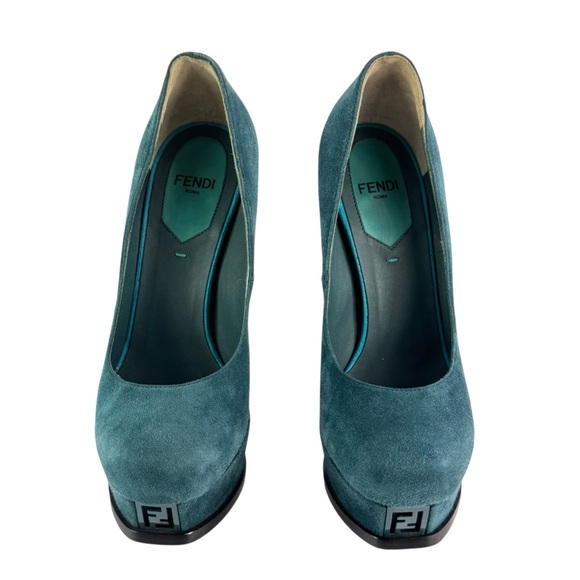 FENDI Dark Turquoise Suede Heeled Pumps Made in Italy Marked as 35-5US